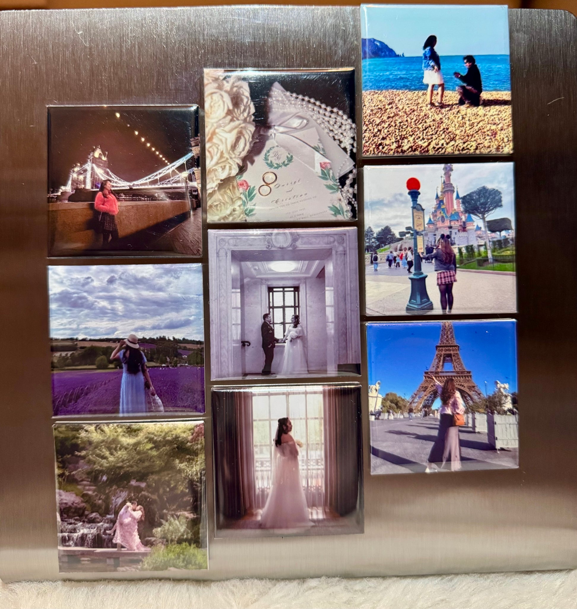 Collage of various 2x2  photos in any magnetic decorative frame